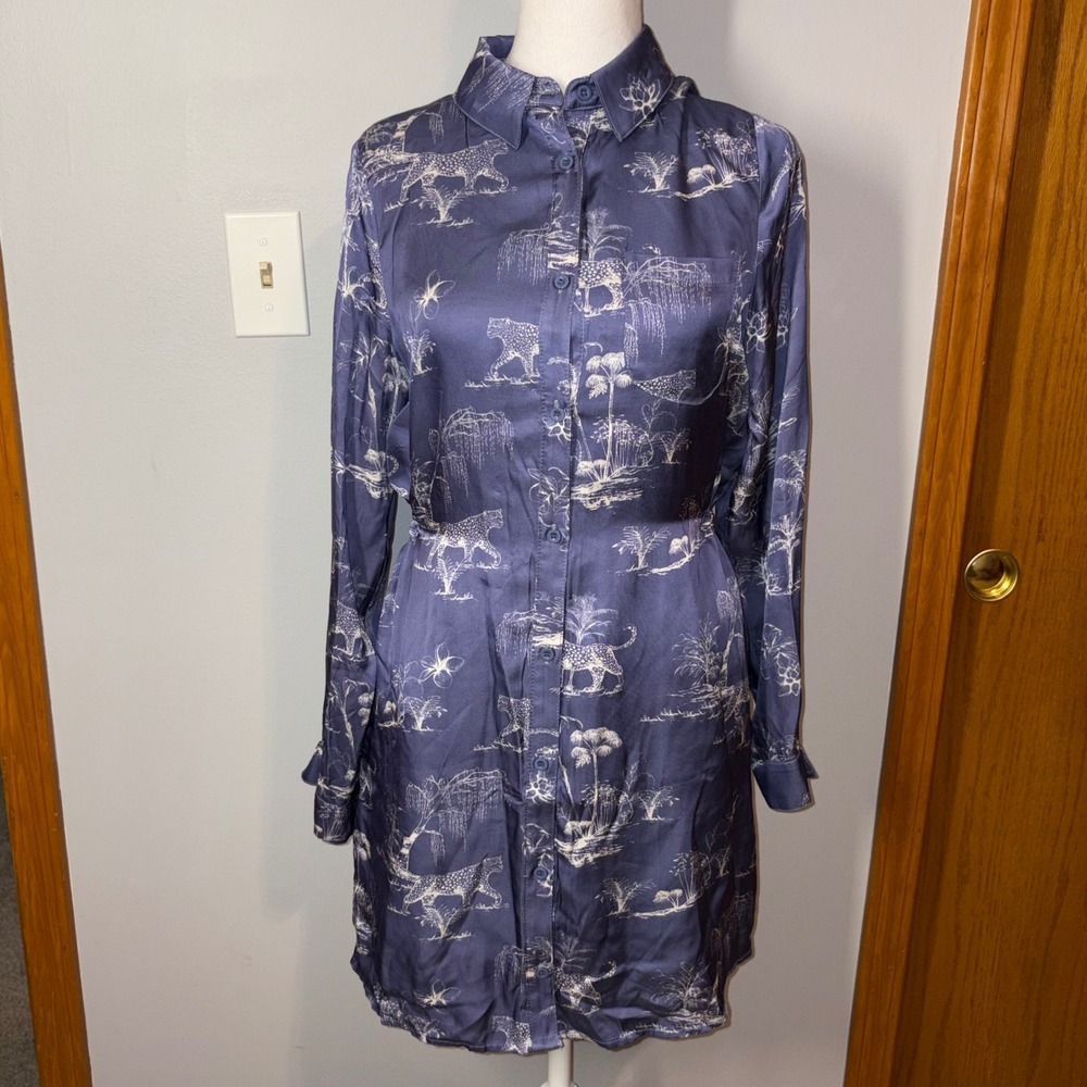 Fate Women's Small Blue‎ Safari Print Long Sleeve Shirt silky Dress with Belt